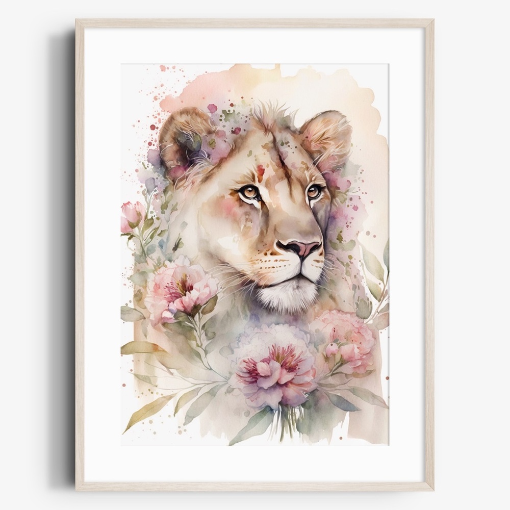 Cute Floral Lioness Watercolor Wall Art Illustration Print Poster Card Unframed